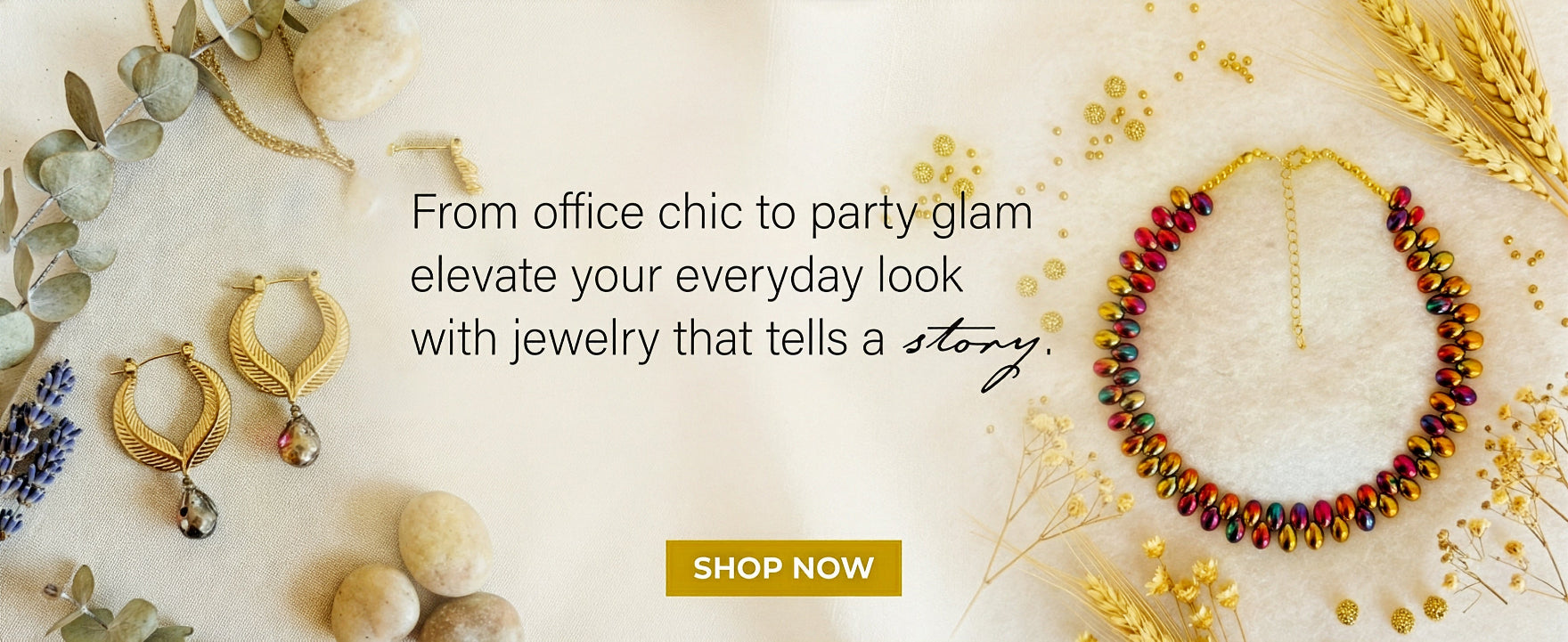 Jewelry set with earrings and necklace on a decorative background with text and 'Shop Now' button.